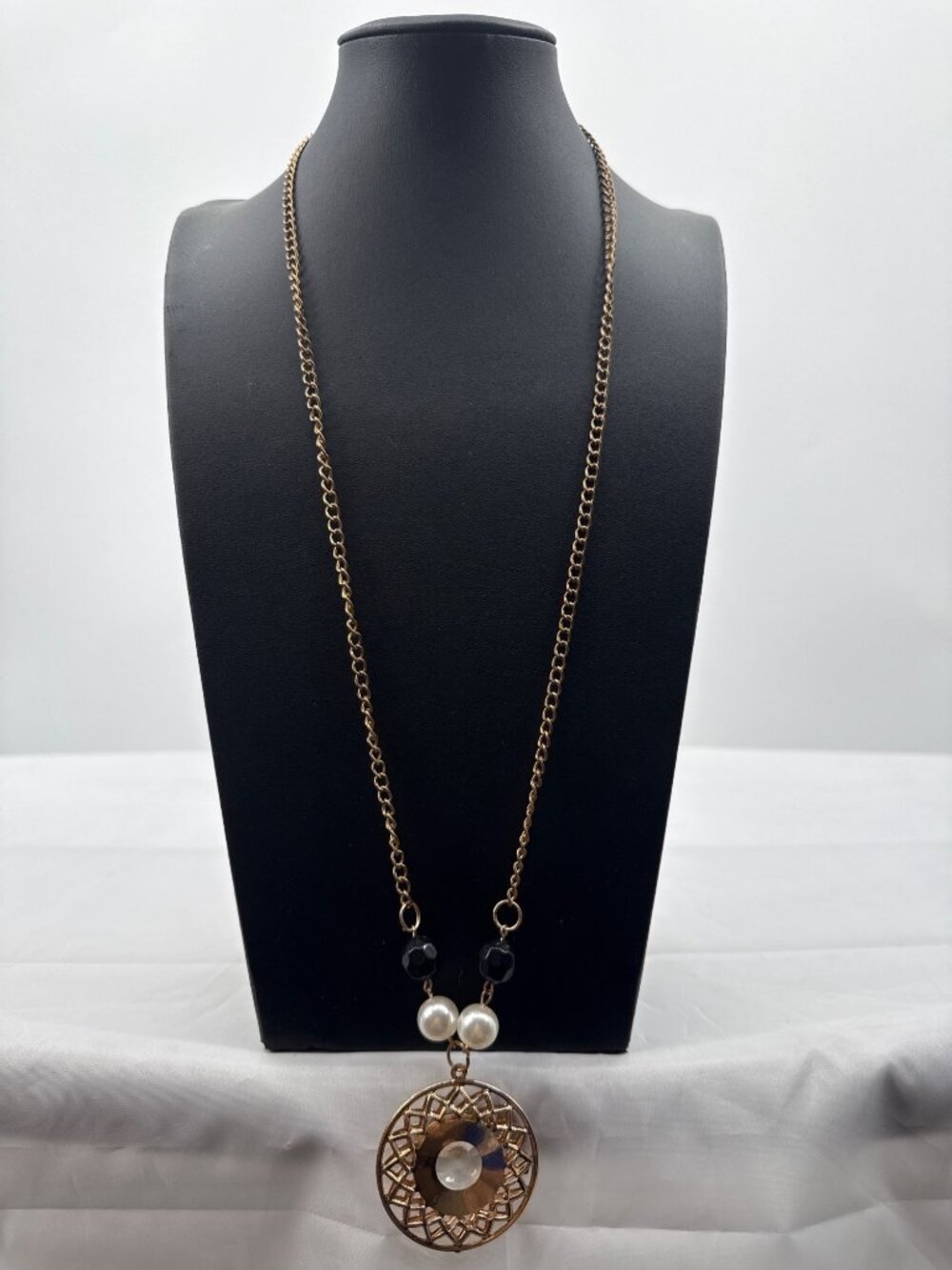Vintage Long Gold Medallion Pendant Necklace Faux Pearl Black Bead Statement